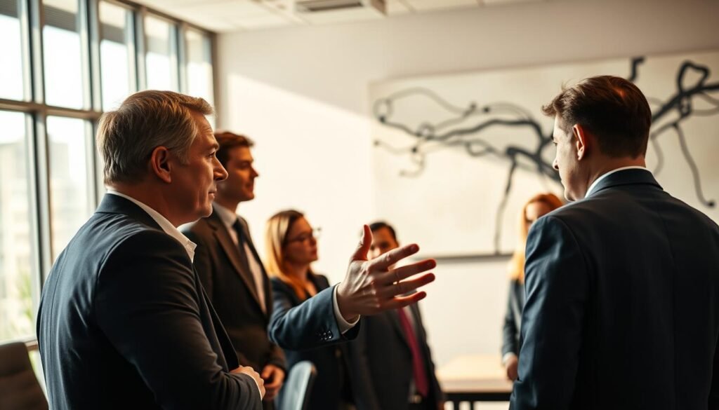 A group of executives gathered in a modern boardroom, engaged in a thoughtful discussion. Warm, directional lighting from floor-to-ceiling windows illuminates their faces, casting dramatic shadows. The scene exudes an air of authority, professionalism, and strategic decision-making. In the foreground, the lead executive, dressed in a tailored suit, gestures with purpose, their gaze fixed and determined. The middle ground features the other team members, leaning in, nodding in agreement. In the background, a large, abstract art piece hangs on the wall, adding a touch of sophistication to the space. The overall atmosphere conveys a sense of leadership, collaboration, and the pursuit of excellence. A group of executives gathered in a modern boardroom, engaged in a thoughtful discussion. Warm, directional lighting from floor-to-ceiling windows illuminates their faces, casting dramatic shadows. The scene exudes an air of authority, professionalism, and strategic decision-making. In the foreground, the lead executive, dressed in a tailored suit, gestures with purpose, their gaze fixed and determined. The middle ground features the other team members, leaning in, nodding in agreement. In the background, a large, abstract art piece hangs on the wall, adding a touch of sophistication to the space. The overall atmosphere conveys a sense of leadership, collaboration, and the pursuit of excellence.