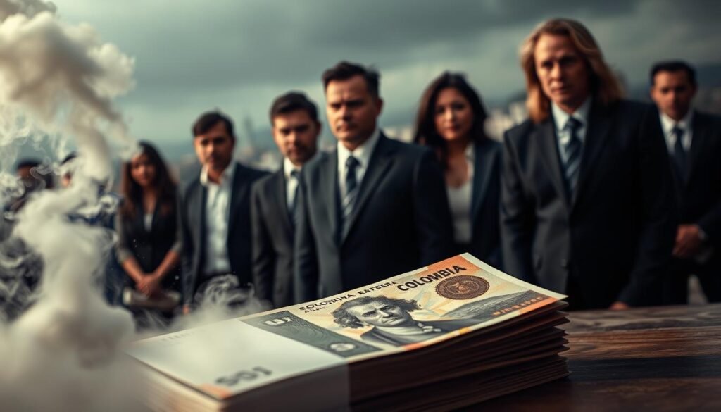 A high-contrast, cinematic scene depicting the complex relationship between inflation and wages. In the foreground, a stack of Colombian peso bills representing the country's currency, partially obscured by rising clouds of smoke or steam, symbolizing the erosion of purchasing power. In the middle ground, a row of well-dressed professionals, their expressions tense, conveying the strain of keeping up with the cost of living. The background is a blurred cityscape, hinting at the broader economic landscape. The overall lighting is dramatic, with soft, directional illumination casting deep shadows, creating a sense of urgency and uncertainty. The color palette is muted, with earthy tones punctuated by pops of vibrant color, evoking the complex emotions surrounding the topic of inflation and wages in Colombia. A high-contrast, cinematic scene depicting the complex relationship between inflation and wages. In the foreground, a stack of Colombian peso bills representing the country's currency, partially obscured by rising clouds of smoke or steam, symbolizing the erosion of purchasing power. In the middle ground, a row of well-dressed professionals, their expressions tense, conveying the strain of keeping up with the cost of living. The background is a blurred cityscape, hinting at the broader economic landscape. The overall lighting is dramatic, with soft, directional illumination casting deep shadows, creating a sense of urgency and uncertainty. The color palette is muted, with earthy tones punctuated by pops of vibrant color, evoking the complex emotions surrounding the topic of inflation and wages in Colombia.
