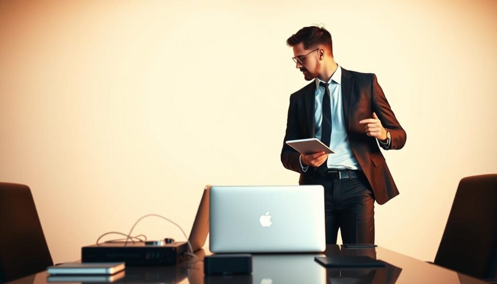 A high-contrast, hyper-realistic photograph of a chief technology officer (CTO) and a chief information officer (CIO) facing off in a modern, minimalist office setting. The CTO, dressed in a tailored suit, stands in a confident, authoritative pose, with a laptop and various technological gadgets in the foreground. The CIO, in a slightly more relaxed but equally professional attire, is positioned slightly to the side, with a tablet and smartphone in hand, conveying a sense of strategic planning and digital prowess. The scene is bathed in warm, directional lighting, creating dramatic shadows and highlights that accentuate the contrasting roles and responsibilities of these two key executive positions. The background is a clean, white wall, allowing the subjects to stand out and the viewer to focus on the interplay between the CTO and CIO.