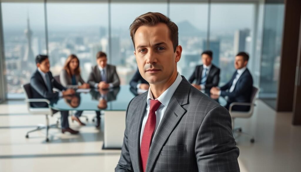 A high-profile executive search taking place in a sleek, modern office. In the foreground, a well-dressed CFO candidate stands confidently, their face and upper body in sharp focus, illuminated by soft, directional lighting. Behind them, a panel of discerning interviewers sits around a polished conference table, their expressions and body language conveying intense scrutiny. The background is a minimalist, glass-walled office space, with a cityscape visible through the windows, suggesting a prestigious urban setting. The overall mood is one of high-stakes professionalism, as the candidate undergoes a rigorous evaluation for a coveted leadership role. A high-profile executive search taking place in a sleek, modern office. In the foreground, a well-dressed CFO candidate stands confidently, their face and upper body in sharp focus, illuminated by soft, directional lighting. Behind them, a panel of discerning interviewers sits around a polished conference table, their expressions and body language conveying intense scrutiny. The background is a minimalist, glass-walled office space, with a cityscape visible through the windows, suggesting a prestigious urban setting. The overall mood is one of high-stakes professionalism, as the candidate undergoes a rigorous evaluation for a coveted leadership role.
