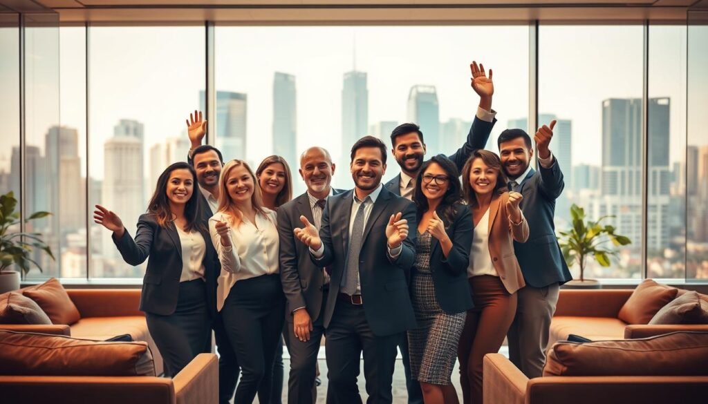 A high-quality, hyper-realistic image showcasing the expertise and results of an executive recruitment consultancy. In the foreground, a diverse team of professionals celebrates their successful placement of top-tier talent, expressions of pride and accomplishment evident on their faces. The middle ground depicts a gleaming corporate office setting, with modern furnishings and decor reflecting the consultancy's commitment to excellence. In the background, a cityscape of towering skyscrapers symbolizes the firm's global reach and impact. Warm, directional lighting casts a professional, aspirational atmosphere, while a shallow depth of field focuses the viewer's attention on the central figures. The overall composition conveys a sense of achievement, professionalism, and the positive outcomes delivered by the consultancy's expertise. A high-quality, hyper-realistic image showcasing the expertise and results of an executive recruitment consultancy. In the foreground, a diverse team of professionals celebrates their successful placement of top-tier talent, expressions of pride and accomplishment evident on their faces. The middle ground depicts a gleaming corporate office setting, with modern furnishings and decor reflecting the consultancy's commitment to excellence. In the background, a cityscape of towering skyscrapers symbolizes the firm's global reach and impact. Warm, directional lighting casts a professional, aspirational atmosphere, while a shallow depth of field focuses the viewer's attention on the central figures. The overall composition conveys a sense of achievement, professionalism, and the positive outcomes delivered by the consultancy's expertise.