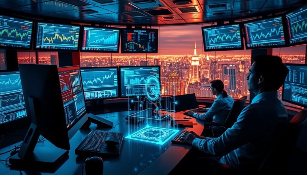 A high-tech control room with multiple screens displaying market data, charts, and analytics. The foreground features a sleek, modern desk with a powerful computer, various input devices, and a holographic projection of a complex algorithm. The middle ground showcases a team of analysts intently studying the data, their faces illuminated by the glow of the screens. The background is a panoramic view of a bustling city skyline, symbolizing the global reach of the market intelligence. The lighting is a balanced mix of cool tones from the screens and warm ambient lighting, creating a dynamic and immersive atmosphere. The overall scene conveys a sense of technological sophistication, data-driven decision-making, and the relentless pursuit of market advantage. A high-tech control room with multiple screens displaying market data, charts, and analytics. The foreground features a sleek, modern desk with a powerful computer, various input devices, and a holographic projection of a complex algorithm. The middle ground showcases a team of analysts intently studying the data, their faces illuminated by the glow of the screens. The background is a panoramic view of a bustling city skyline, symbolizing the global reach of the market intelligence. The lighting is a balanced mix of cool tones from the screens and warm ambient lighting, creating a dynamic and immersive atmosphere. The overall scene conveys a sense of technological sophistication, data-driven decision-making, and the relentless pursuit of market advantage.