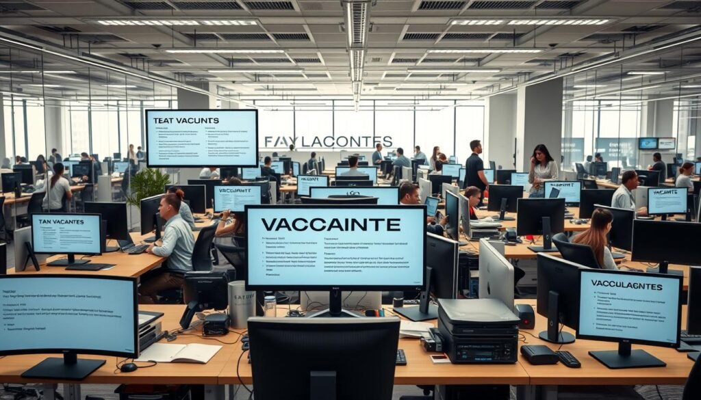 A highly detailed, hyper-realistic photographic image of a modern office setting, showcasing several open job positions or "vacantes" that are currently available. The image should depict a bright, well-lit workspace with a variety of desk setups, computer screens, and office equipment. In the foreground, several job descriptions or position titles should be prominently displayed on digital screens or physical signs, conveying a sense of active recruitment and available opportunities. The middle ground should feature professionals engaged in various work activities, creating an atmosphere of a dynamic, productive workplace. The background should provide a glimpse of the broader office environment, such as conference rooms, breakout areas, or other collaborative spaces, suggesting a thriving, forward-thinking organization. The overall mood should be one of energy, opportunity, and professionalism, reflecting the high-quality headhunting services offered by the company.