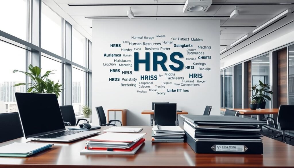 A meticulously designed office setting, with a clean and professional atmosphere. In the foreground, a desk showcases a variety of human resources-related items, including a laptop, folders, and stationery. The middle ground features a wall-mounted display highlighting various HR-related job titles and their corresponding acronyms, such as "HRBP" (Human Resources Business Partner) and "HRIS" (Human Resources Information System). The background depicts a sleek, modern office environment with floor-to-ceiling windows, allowing natural light to fill the space. The overall scene conveys a sense of organization, efficiency, and the importance of HR roles within the organization.