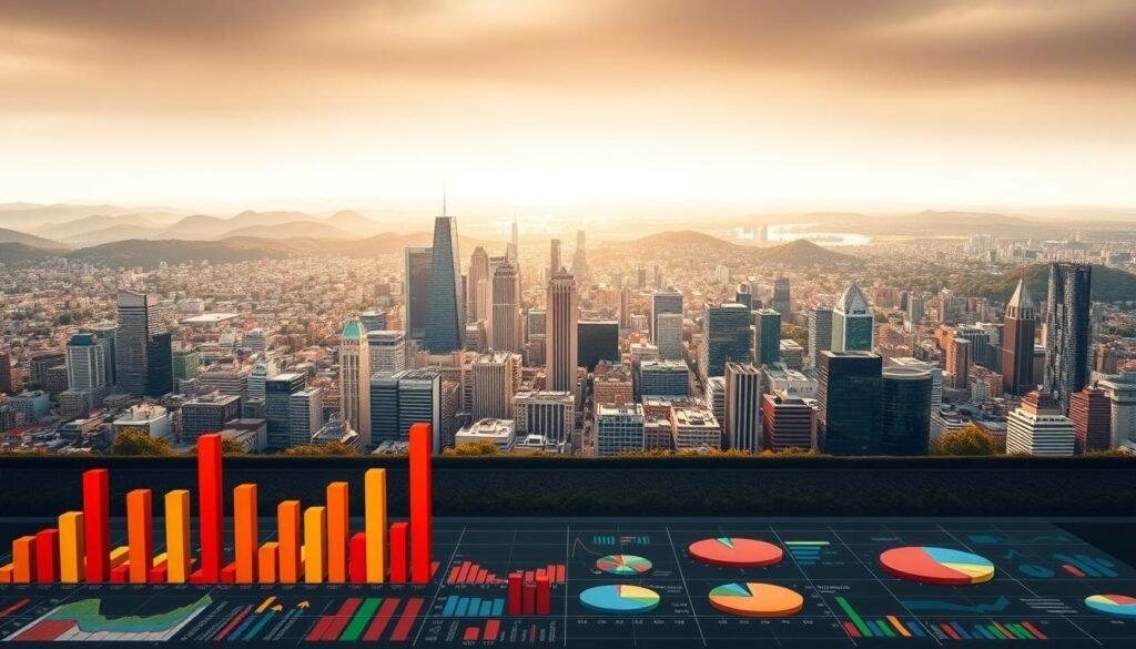 A meticulously detailed, hyper-realistic photograph showcasing an expansive financial landscape. In the foreground, a grid of colorful bar graphs and pie charts illustrates the nuanced interplay of various business sectors and their respective profitability. The middle ground features a panoramic view of a bustling cityscape, its towering skyscrapers and office complexes symbolizing the thriving economy. In the background, rolling hills and a serene skyline create a sense of balance and tranquility, hinting at the broader economic context. Warm, diffused lighting casts a professional, authoritative tone, while a subtle depth of field emphasizes the focal points. The overall composition conveys a comprehensive, data-driven analysis of the current state of sectoral performance and corporate earnings. A meticulously detailed, hyper-realistic photograph showcasing an expansive financial landscape. In the foreground, a grid of colorful bar graphs and pie charts illustrates the nuanced interplay of various business sectors and their respective profitability. The middle ground features a panoramic view of a bustling cityscape, its towering skyscrapers and office complexes symbolizing the thriving economy. In the background, rolling hills and a serene skyline create a sense of balance and tranquility, hinting at the broader economic context. Warm, diffused lighting casts a professional, authoritative tone, while a subtle depth of field emphasizes the focal points. The overall composition conveys a comprehensive, data-driven analysis of the current state of sectoral performance and corporate earnings.