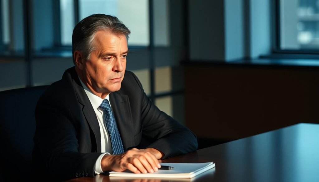 A middle-aged mediator sitting at a conference table, wearing a suit and tie, deep in thought. Subtle lighting casts shadows on their face, creating a pensive atmosphere. The table is clear, save for a notebook and pen, signifying their focus on the negotiation process. The background is blurred, drawing the viewer's attention to the mediator's contemplative expression. The overall scene conveys a sense of professionalism, expertise, and a commitment to facilitating a constructive resolution. A middle-aged mediator sitting at a conference table, wearing a suit and tie, deep in thought. Subtle lighting casts shadows on their face, creating a pensive atmosphere. The table is clear, save for a notebook and pen, signifying their focus on the negotiation process. The background is blurred, drawing the viewer's attention to the mediator's contemplative expression. The overall scene conveys a sense of professionalism, expertise, and a commitment to facilitating a constructive resolution.