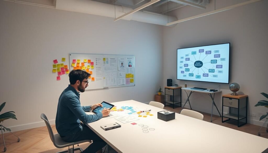A minimalist workspace with a clean, modern aesthetic. In the foreground, a researcher sits at a desk, intently sketching ideas on a tablet, surrounded by a constellation of sticky notes and sketches. The middle ground features an open whiteboard, with colorful diagrams and customer personas, hinting at the "actionable research" process. In the background, a wall-mounted screen displays a dynamic mind map, visualizing the interconnected insights and opportunities uncovered through design thinking. Soft, directional lighting casts a contemplative glow, emphasizing the collaborative, iterative nature of the scene. The overall mood is one of focused, purposeful innovation. A minimalist workspace with a clean, modern aesthetic. In the foreground, a researcher sits at a desk, intently sketching ideas on a tablet, surrounded by a constellation of sticky notes and sketches. The middle ground features an open whiteboard, with colorful diagrams and customer personas, hinting at the "actionable research" process. In the background, a wall-mounted screen displays a dynamic mind map, visualizing the interconnected insights and opportunities uncovered through design thinking. Soft, directional lighting casts a contemplative glow, emphasizing the collaborative, iterative nature of the scene. The overall mood is one of focused, purposeful innovation.
