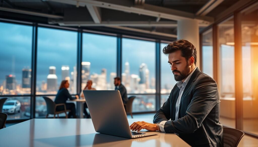 A modern and professional office setting, with a well-lit open workspace. In the foreground, a confident person is deep in thought, analyzing data on a laptop screen. The middle ground features a collaborative team meeting, with colleagues discussing ideas and strategizing. In the background, floor-to-ceiling windows offer a scenic view of a bustling urban skyline, conveying a sense of progress and growth. The overall mood is one of focused productivity, strategic decision-making, and a commitment to measurable results. A modern and professional office setting, with a well-lit open workspace. In the foreground, a confident person is deep in thought, analyzing data on a laptop screen. The middle ground features a collaborative team meeting, with colleagues discussing ideas and strategizing. In the background, floor-to-ceiling windows offer a scenic view of a bustling urban skyline, conveying a sense of progress and growth. The overall mood is one of focused productivity, strategic decision-making, and a commitment to measurable results.