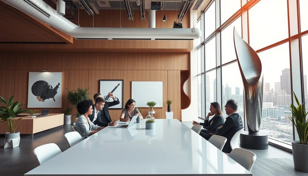 A modern, high-tech office space with floor-to-ceiling windows, bathed in warm, natural light. In the foreground, a diverse team of professionals collaborating around a sleek conference table, expressions of focus and determination. The middle ground features an array of elegant decor elements - minimalist artworks, potted plants, and a large, abstract sculpture reflecting the company's values of innovation and growth. The background showcases a vibrant city skyline, symbolizing the far-reaching impact of the organization's success. The overall atmosphere conveys a sense of dynamic synergy, strategic vision, and a commitment to creating an empowered, human-centric work environment.