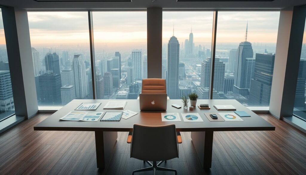 A modern, minimalist office interior with a large central desk. The desk is adorned with various reporting documents, graphs, and a laptop computer. Soft, indirect lighting illuminates the scene, creating a warm and professional atmosphere. The middle ground features a sleek, minimalist chair behind the desk. The background showcases floor-to-ceiling windows overlooking a bustling cityscape, providing a sense of urban connectivity. The overall composition conveys a sense of diligence, progress, and a focus on data-driven decision-making.
