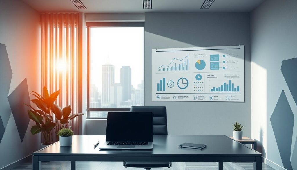 A modern, minimalist office scene depicting financial concepts. In the foreground, a sleek metal desk with a laptop, a pen, and a small potted plant. Behind it, a large window overlooking a cityscape, allowing warm natural light to flood the space. The walls are adorned with abstract geometric patterns in muted shades of gray and blue, creating a calm, professional atmosphere. In the middle ground, a stylized infographic on the wall illustrates financial data and plans, represented by simple shapes and lines. The overall mood is one of efficiency, organization, and a focus on practical financial solutions.