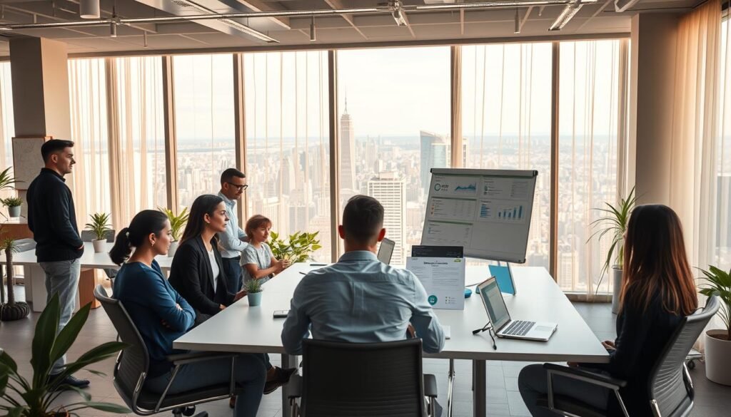 A modern, minimalist office setting with a group of diverse office workers collaborating and interacting. The foreground shows a team of young professionals gathered around a conference table, engaged in a lively discussion, their expressions conveying a sense of collaboration and problem-solving. The middle ground features a sleek, well-designed workspace with ergonomic furniture, strategically placed plants, and a large whiteboard displaying visualizations and data. The background showcases a panoramic view of a vibrant cityscape through floor-to-ceiling windows, bathed in warm, natural lighting that filters through sheer curtains. The overall atmosphere is one of professionalism, innovation, and a positive, productive work culture.
