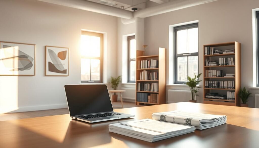 A modern office interior with a sleek, minimalist design. The room is filled with natural light streaming through large windows, casting a warm, inviting glow. On the desk, a laptop and a stack of papers sit neatly, symbolizing the importance of data protection and confidentiality. The walls are adorned with abstract art pieces, conveying a sense of professionalism and attention to detail. The lighting is soft and diffused, creating a calming atmosphere. In the background, a bookshelf stands tall, housing various legal and compliance-related resources. The overall scene exudes an air of trust, security, and a commitment to ethical business practices. A modern office interior with a sleek, minimalist design. The room is filled with natural light streaming through large windows, casting a warm, inviting glow. On the desk, a laptop and a stack of papers sit neatly, symbolizing the importance of data protection and confidentiality. The walls are adorned with abstract art pieces, conveying a sense of professionalism and attention to detail. The lighting is soft and diffused, creating a calming atmosphere. In the background, a bookshelf stands tall, housing various legal and compliance-related resources. The overall scene exudes an air of trust, security, and a commitment to ethical business practices.