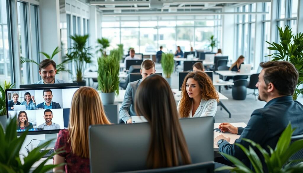 A modern office interior with a team of diverse professionals collaborating remotely and in-person. In the foreground, colleagues are engaged in a video conference, their faces illuminated by the soft glow of computer screens. In the middle ground, employees work independently at their desks, surrounded by plants and modern decor. The background features an open floor plan with sleek furniture and large windows, allowing natural light to flood the space. The overall atmosphere conveys a sense of productivity, flexibility, and a seamless blend of traditional and remote work practices.