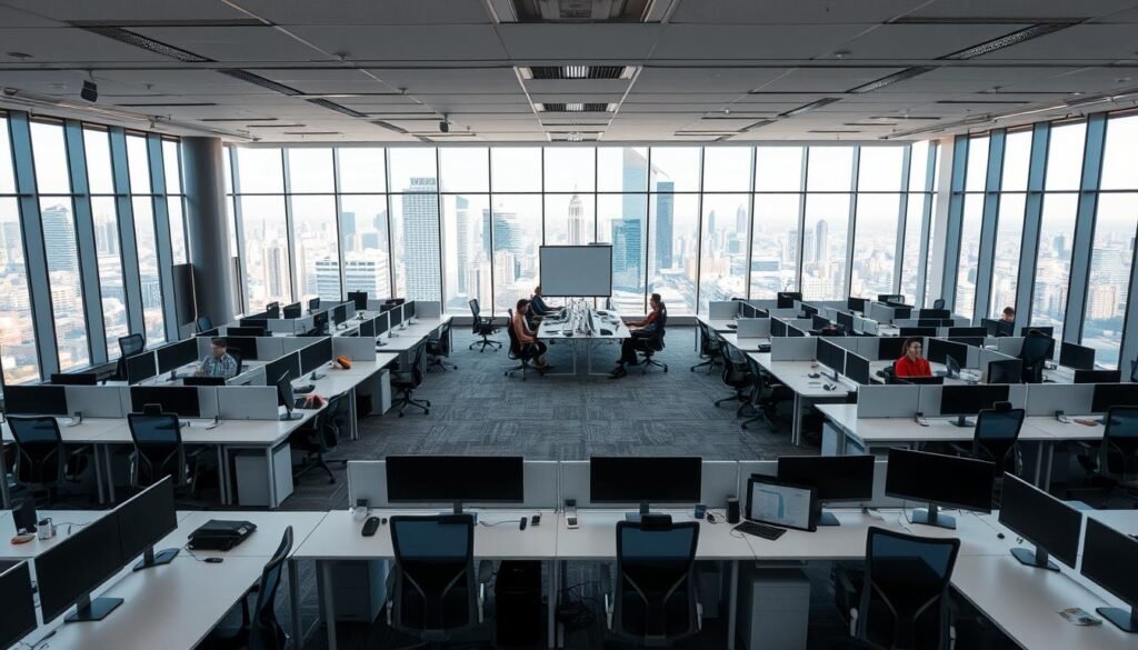 A modern office interior with an organized department layout. In the foreground, clean desks and ergonomic chairs are arranged in a grid, with workers collaborating at each station. In the middle ground, a central conference table is surrounded by whiteboards and projection screens, facilitating team meetings. The background features floor-to-ceiling windows overlooking a vibrant cityscape, bathing the space in warm, natural light. The overall atmosphere conveys efficiency, professionalism, and a dynamic workplace culture. The camera angle is slightly elevated, providing a comprehensive view of the well-structured departmental organization.