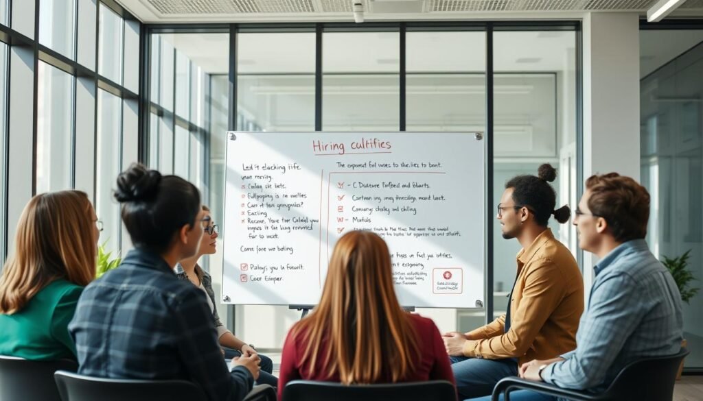 A modern office setting with a sleek, minimalist aesthetic. In the foreground, a diverse group of candidates engaged in a group interview, their body language and expressions conveying an atmosphere of professionalism and eagerness. In the middle ground, a large whiteboard displays key information about the company's values, mission, and hiring process, reflecting a transparent and well-organized approach to talent selection. The background features floor-to-ceiling windows, allowing natural light to flood the space and create a sense of openness and opportunity. The overall mood is one of dynamic collaboration, strategic thoughtfulness, and a commitment to finding the right fit for the organization.