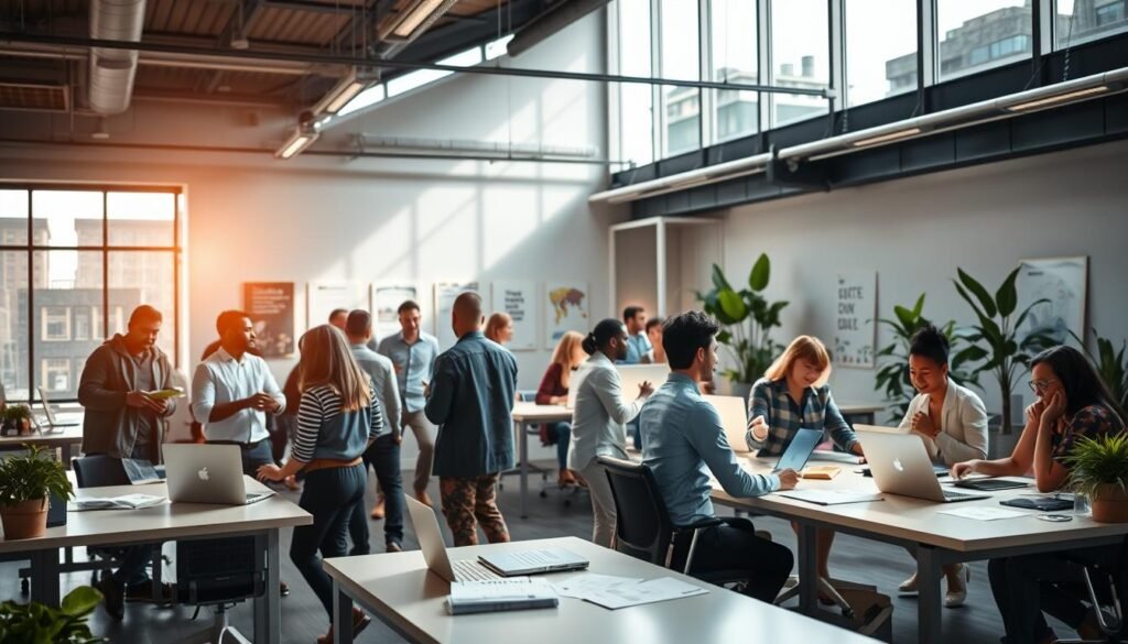 A modern open-plan office space with natural lighting streaming through large windows. In the foreground, a group of diverse office workers engaged in animated discussions, gesturing and exchanging ideas. In the middle ground, teams collaborating at sleek desks, laptops open, papers scattered, creating an atmosphere of productive workflow. The background features motivational posters, a company logo, and plants, conveying a sense of unity, positivity, and a thriving corporate culture. The lighting is soft and warm, creating a welcoming and inclusive ambiance that promotes effective internal communication and a positive work environment.