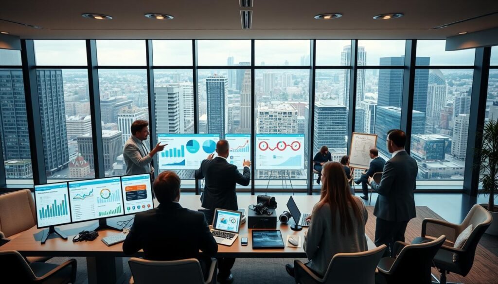 A modern, sleek office space with large windows overlooking a bustling city skyline. In the foreground, a stylish conference table with an array of business metrics and feedback data displayed on digital screens. Executives and managers engaged in an animated discussion, gesturing towards the data visualizations. The middle ground features an open collaborative workspace with teams of professionals working on laptops and whiteboards. Subtle lighting from recessed fixtures casts a warm glow, complementing the neutral color palette of the furnishings. The background showcases the urban landscape outside, emphasizing the connection between internal business operations and external market performance. An atmosphere of productive collaboration and data-driven decision making permeates the scene. A modern, sleek office space with large windows overlooking a bustling city skyline. In the foreground, a stylish conference table with an array of business metrics and feedback data displayed on digital screens. Executives and managers engaged in an animated discussion, gesturing towards the data visualizations. The middle ground features an open collaborative workspace with teams of professionals working on laptops and whiteboards. Subtle lighting from recessed fixtures casts a warm glow, complementing the neutral color palette of the furnishings. The background showcases the urban landscape outside, emphasizing the connection between internal business operations and external market performance. An atmosphere of productive collaboration and data-driven decision making permeates the scene.