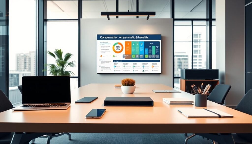 A modern, sophisticated office setting with a sleek, minimalist aesthetic. In the foreground, a stylish desk arrangement features a laptop, a smartphone, and various office supplies, all in a harmonious color palette. Behind it, a mid-ground showcases a wall-mounted display presenting a visually appealing infographic or chart, illustrating key compensation and benefits data. The background features floor-to-ceiling windows, allowing natural light to flood the space and create a warm, inviting ambiance. The overall mood is one of professionalism, innovation, and a focus on employee well-being beyond just the financial aspect.