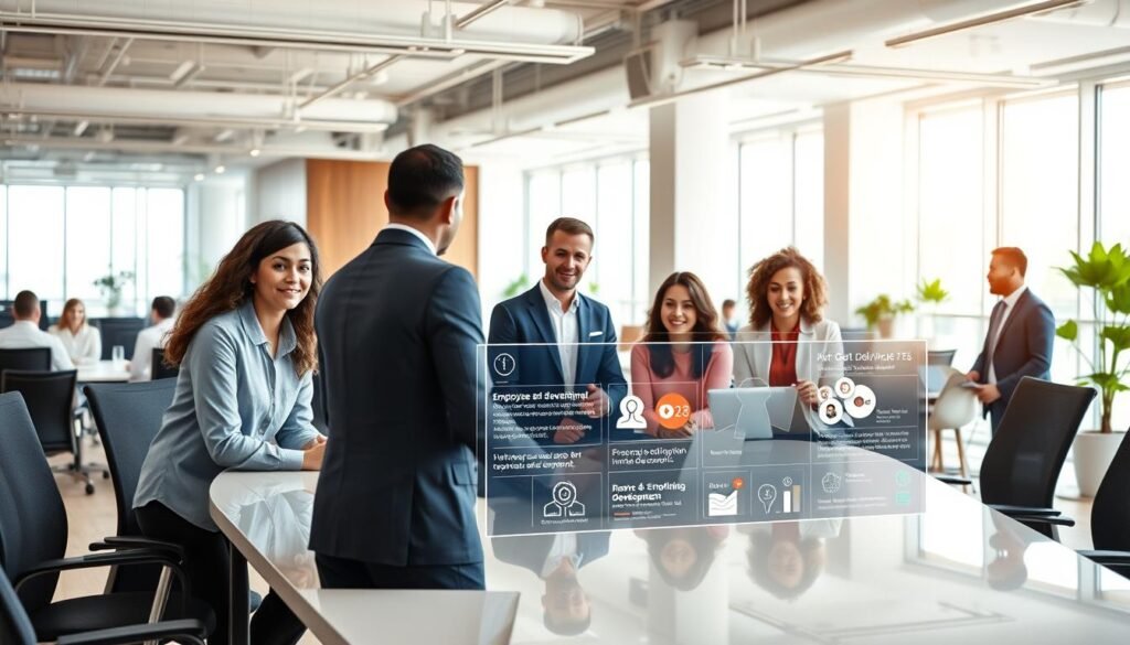 A modern, well-lit office space showcasing the key areas of a thriving human resources department. In the foreground, a team of diverse professionals collaborating around a sleek conference table, their faces filled with focused determination. In the middle ground, an interactive digital display illustrates employee training and development programs. The background features an open, airy layout with floor-to-ceiling windows, allowing natural light to flood the space and create a sense of transparency and connectivity. The overall atmosphere conveys a harmonious blend of professionalism, innovation, and a deep commitment to nurturing the organization's most valuable asset - its people.