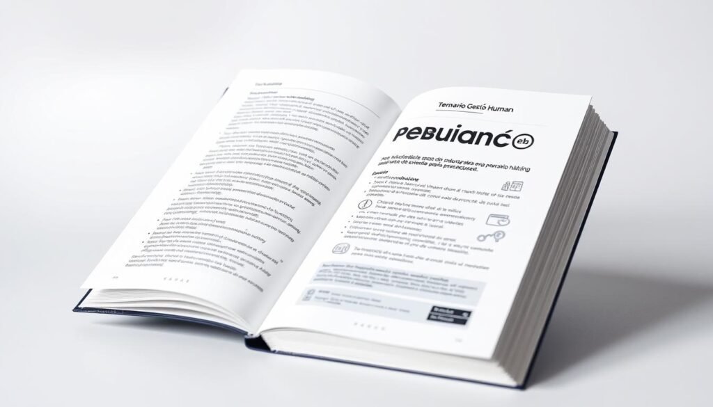 A professional handbook on human resource management, its title "Temario Gestión Humana" prominently displayed in a clean, modern font against a minimalist background. The pages feature detailed outlines, bullet points, and relevant icons, conveying the comprehensive nature of the content. Soft lighting illuminates the textured cover, creating a sense of depth and authority. The composition is balanced, with the book positioned at a slight angle to add visual interest. The overall mood is one of professionalism, expertise, and the promise of transformative knowledge for the reader.