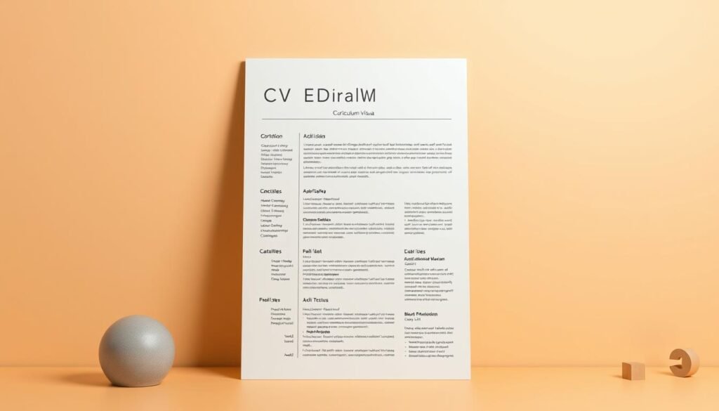 A professional-looking curriculum vitae (CV) set against a clean, minimalist background. The CV is presented in a warm, muted color palette, with carefully-considered typography and layout. The design is sleek and modern, conveying a sense of organization and attention to detail. The CV is placed prominently in the frame, with subtle lighting highlighting its key elements. The overall atmosphere is one of sophistication and clarity, reflecting the importance of a well-crafted CV in a professional context. A professional-looking curriculum vitae (CV) set against a clean, minimalist background. The CV is presented in a warm, muted color palette, with carefully-considered typography and layout. The design is sleek and modern, conveying a sense of organization and attention to detail. The CV is placed prominently in the frame, with subtle lighting highlighting its key elements. The overall atmosphere is one of sophistication and clarity, reflecting the importance of a well-crafted CV in a professional context.