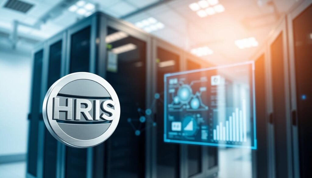 A professional, modern database server setup with a sleek, minimalist design. The foreground features the HRIS (Human Resource Information System) database logo, rendered in a metallic, three-dimensional style with clean lines and subtle gradients. The middle ground showcases a holographic display panel, projecting intricate data visualizations and charts. The background has a futuristic, tech-inspired ambiance with soft, indirect lighting and a blurred backdrop of interconnected server racks. The overall atmosphere conveys a sense of efficiency, organization, and the seamless integration of HR technology within the organization.