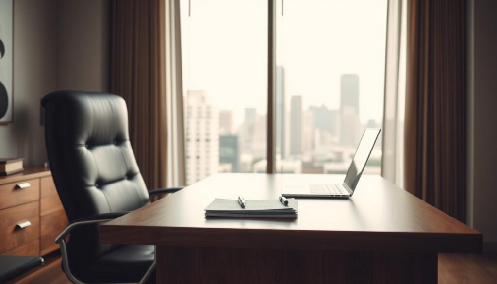 A professional, modern office setting with a wooden desk and leather chair in the foreground. On the desk, a laptop, a few files, and a pen. In the middle ground, a large window overlooking a cityscape with high-rise buildings. The lighting is soft and natural, creating a warm and inviting atmosphere. The focus is on the desk and the work-related items, conveying a sense of a thoughtful, confidential selection process for a CTO position. The overall mood is one of efficiency, precision, and attention to detail.