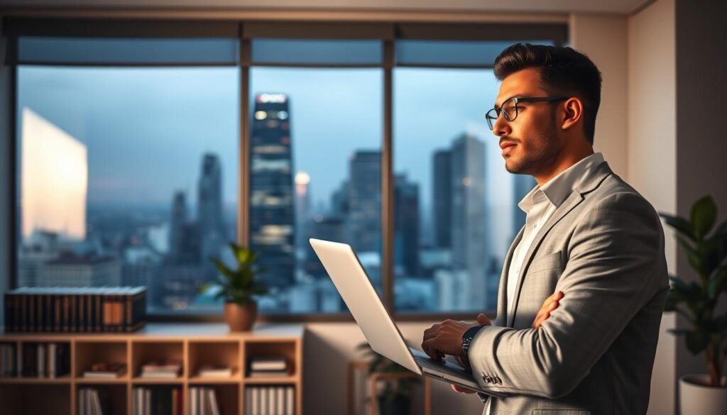 A professional office environment with a large window overlooking a vibrant city skyline. In the foreground, a confident, well-dressed individual stands in a thoughtful pose, laptop in hand, considering their next career move. The lighting is soft and warm, creating an atmosphere of contemplation and determination. In the middle ground, a bookshelf with volumes on professional development and leadership lines the wall, while a potted plant adds a touch of vitality. The background features a modern, minimalist decor, with clean lines and muted tones that complement the overall mood. The scene conveys a sense of growth, opportunity, and the empowering journey of professional coaching and career advancement. A professional office environment with a large window overlooking a vibrant city skyline. In the foreground, a confident, well-dressed individual stands in a thoughtful pose, laptop in hand, considering their next career move. The lighting is soft and warm, creating an atmosphere of contemplation and determination. In the middle ground, a bookshelf with volumes on professional development and leadership lines the wall, while a potted plant adds a touch of vitality. The background features a modern, minimalist decor, with clean lines and muted tones that complement the overall mood. The scene conveys a sense of growth, opportunity, and the empowering journey of professional coaching and career advancement.