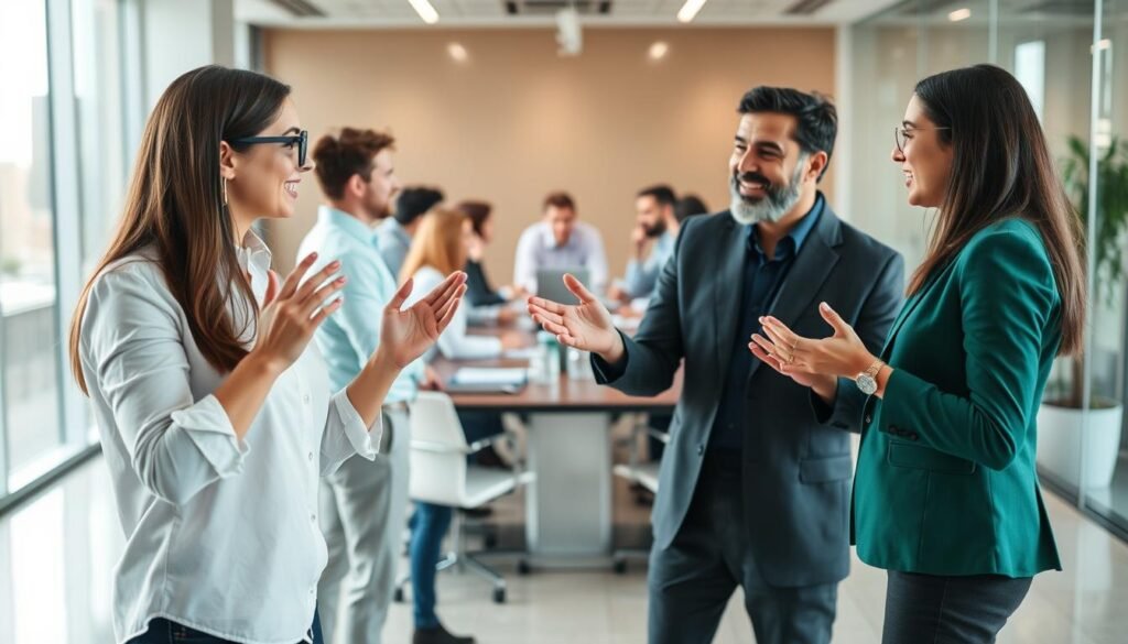A professional office setting with a group of diverse workers engaged in animated discussions, symbolizing the dynamics of labor relations. In the foreground, two employees are gesturing animatedly, reflecting the collaborative and interactive nature of workplace interactions. The middle ground features a conference table surrounded by attentive colleagues, representing the negotiation and problem-solving aspects of labor relations. The background showcases a modern, well-lit office environment with sleek furniture and large windows, conveying a sense of professionalism and openness. The overall scene exudes a mood of constructive dialogue, cooperation, and a harmonious work culture.
