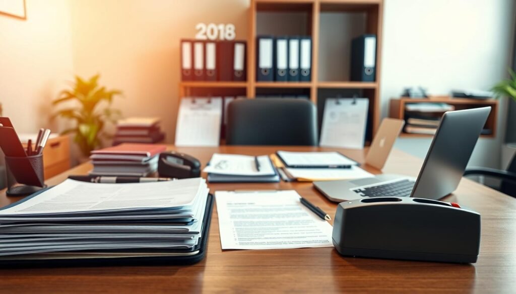 A professional office setting with various human resources management tools and equipment neatly arranged on a wooden desk. In the foreground, there are paperwork documents, a laptop, and a pen holder. In the middle ground, there are folders, a stapler, and a desktop calendar. In the background, there are office shelves with binders and reference materials. The lighting is soft and diffuse, creating a warm and inviting atmosphere. The scene conveys a sense of efficiency, organization, and expertise in human resources management.