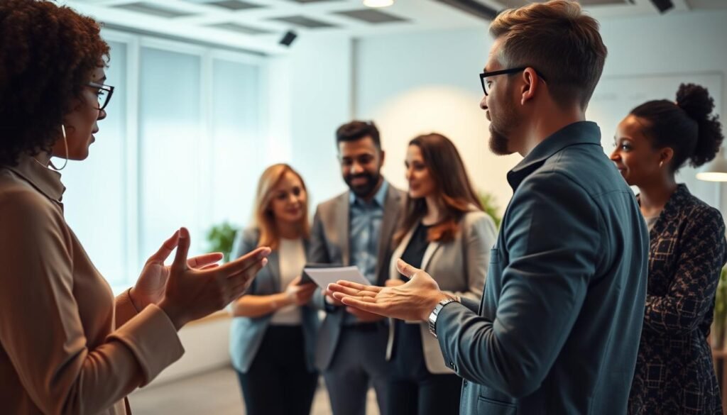A professional team of diverse individuals engaged in emotional intelligence-based coaching and mentorship. In the foreground, a leader gestures emphatically, guiding their team through a collaborative discussion. The middle ground features colleagues exchanging ideas and providing peer-to-peer support, showcasing the application of emotional awareness in a corporate setting. The background depicts a modern, well-lit office environment with minimalist decor, evoking a sense of productivity and growth. Soft, warm lighting illuminates the scene, creating an atmosphere of trust, open communication, and professional development. A professional team of diverse individuals engaged in emotional intelligence-based coaching and mentorship. In the foreground, a leader gestures emphatically, guiding their team through a collaborative discussion. The middle ground features colleagues exchanging ideas and providing peer-to-peer support, showcasing the application of emotional awareness in a corporate setting. The background depicts a modern, well-lit office environment with minimalist decor, evoking a sense of productivity and growth. Soft, warm lighting illuminates the scene, creating an atmosphere of trust, open communication, and professional development.