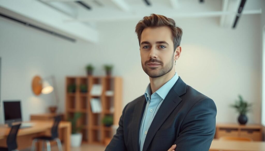 A professional, well-dressed individual standing in a modern, minimalist office environment. They have an attentive, thoughtful expression, conveying a sense of purpose and dedication to sustainability. The lighting is soft and diffused, highlighting the subject's face and the clean, organized workspace around them. The camera is positioned at a slight angle, creating a sense of authority and leadership. The overall atmosphere is one of competence, responsibility, and a commitment to environmental and social stewardship.