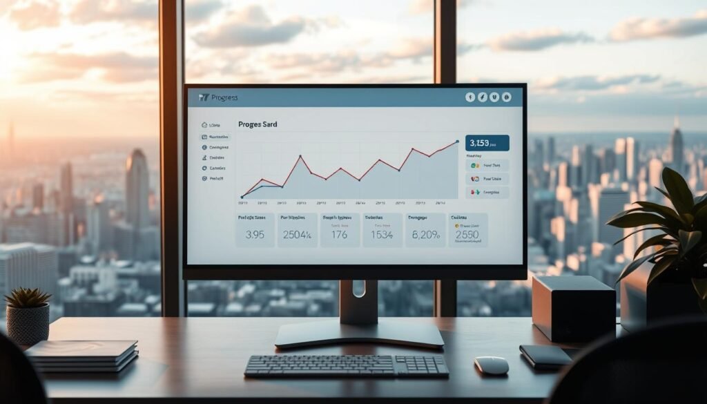 A progress dashboard displayed on a sleek, modern computer monitor. The screen shows a line graph charting the upward trajectory of key performance indicators, with intuitive data visualizations and clean, minimalist UI design. The monitor is placed on a tidy, organized desk, bathed in warm, diffused lighting that creates a calming, focused atmosphere. In the background, a panoramic view of a bustling city skyline can be seen through a large window, symbolizing the global reach and impact of the virtual coaching process. The scene conveys a sense of progress, efficiency, and a data-driven approach to professional development. A progress dashboard displayed on a sleek, modern computer monitor. The screen shows a line graph charting the upward trajectory of key performance indicators, with intuitive data visualizations and clean, minimalist UI design. The monitor is placed on a tidy, organized desk, bathed in warm, diffused lighting that creates a calming, focused atmosphere. In the background, a panoramic view of a bustling city skyline can be seen through a large window, symbolizing the global reach and impact of the virtual coaching process. The scene conveys a sense of progress, efficiency, and a data-driven approach to professional development.