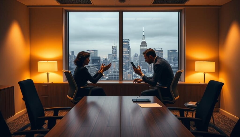 A serene corporate office setting, with a wooden desk and ergonomic chairs. In the foreground, two businesspeople are engaged in a tense negotiation, their body language conveying focused intensity. The lighting is warm and subdued, creating a contemplative atmosphere. In the background, a large window overlooks a bustling city skyline, suggesting the high-stakes context of the scene. The overall mood is one of measured composure, as the negotiators navigate the "estrategias ante tácticas de presión" with a steady, resolute demeanor. A serene corporate office setting, with a wooden desk and ergonomic chairs. In the foreground, two businesspeople are engaged in a tense negotiation, their body language conveying focused intensity. The lighting is warm and subdued, creating a contemplative atmosphere. In the background, a large window overlooks a bustling city skyline, suggesting the high-stakes context of the scene. The overall mood is one of measured composure, as the negotiators navigate the "estrategias ante tácticas de presión" with a steady, resolute demeanor.