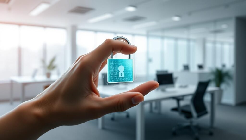 A serene, hyper-realistic photo of a data privacy concept. In the foreground, a hand gently holds a digital lock, symbolizing the secure protection of sensitive information. The middle ground features a sleek, modern office space with clean lines and a minimalist aesthetic, conveying a sense of professionalism and attention to detail. The background softly blurs, highlighting the importance of the data privacy elements. The lighting is soft and diffused, creating a calming, trustworthy atmosphere. The overall composition suggests a commitment to confidentiality and the responsible handling of personal data. A serene, hyper-realistic photo of a data privacy concept. In the foreground, a hand gently holds a digital lock, symbolizing the secure protection of sensitive information. The middle ground features a sleek, modern office space with clean lines and a minimalist aesthetic, conveying a sense of professionalism and attention to detail. The background softly blurs, highlighting the importance of the data privacy elements. The lighting is soft and diffused, creating a calming, trustworthy atmosphere. The overall composition suggests a commitment to confidentiality and the responsible handling of personal data.