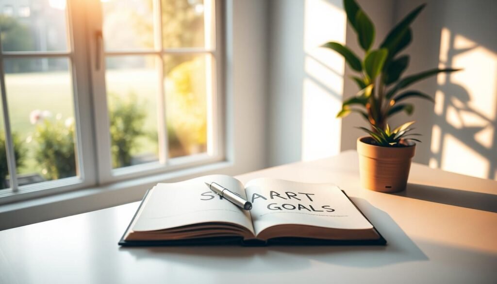 A serene, minimalist office setting with a large window overlooking a tranquil garden. On a clean, white desk, an open notebook displays the words "SMART Goals" alongside a pen and a potted plant. Warm, diffused natural lighting filters through the window, casting a soft glow on the scene. The overall mood is one of focus, clarity, and achievable ambition. The composition emphasizes the key elements of the "Objetivos SMART" section - the thoughtful planning process, the measurable targets, and the sense of growth and progress. A serene, minimalist office setting with a large window overlooking a tranquil garden. On a clean, white desk, an open notebook displays the words "SMART Goals" alongside a pen and a potted plant. Warm, diffused natural lighting filters through the window, casting a soft glow on the scene. The overall mood is one of focus, clarity, and achievable ambition. The composition emphasizes the key elements of the "Objetivos SMART" section - the thoughtful planning process, the measurable targets, and the sense of growth and progress.