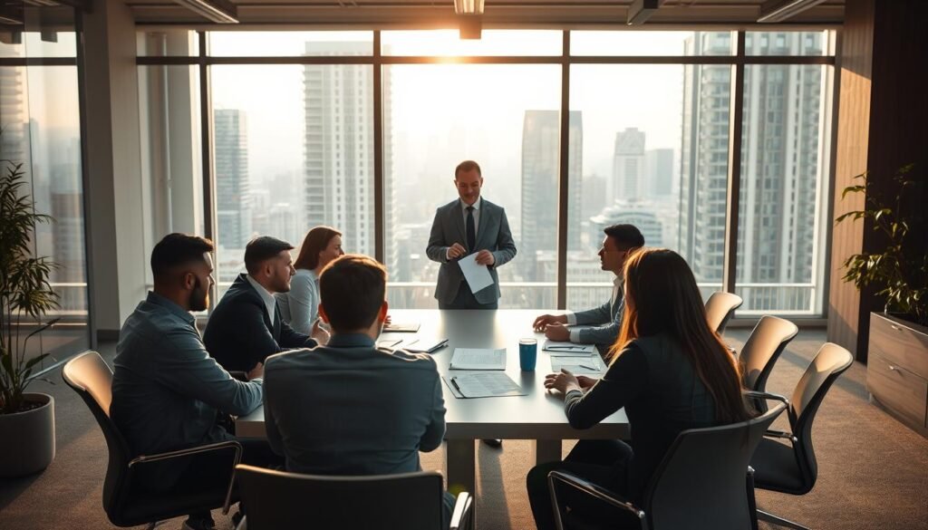 A serene office environment with workers engaged in collaborative learning. In the foreground, a group of professionals sit around a table, earnestly discussing plans and ideas. Mid-ground, an instructor stands at the head of the table, guiding the discussion with a calm, authoritative presence. The background depicts a modern, well-lit workspace with large windows overlooking a cityscape, bathed in warm, natural lighting. The overall mood is one of focus, creativity, and a sense of professional growth and development.