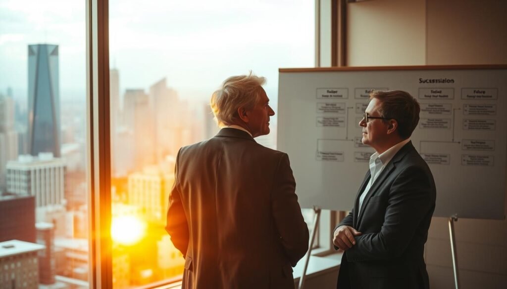 A serene office setting with a large window overlooking a bustling city skyline, bathed in warm, golden light. In the foreground, two executives engaged in a thoughtful discussion, their expressions conveying a sense of collaboration and strategic planning. Behind them, a whiteboard displays organizational charts and succession timelines, representing the process of identifying and developing future leaders. The scene evokes a mood of purposeful transition, where experienced individuals guide the next generation to ensure the continued success of the organization. A serene office setting with a large window overlooking a bustling city skyline, bathed in warm, golden light. In the foreground, two executives engaged in a thoughtful discussion, their expressions conveying a sense of collaboration and strategic planning. Behind them, a whiteboard displays organizational charts and succession timelines, representing the process of identifying and developing future leaders. The scene evokes a mood of purposeful transition, where experienced individuals guide the next generation to ensure the continued success of the organization.