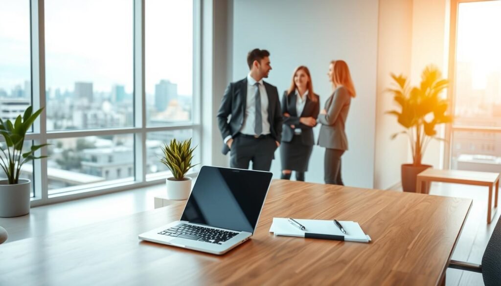 A serene office setting with modern minimalist furnishings. In the foreground, a sleek wooden desk with a laptop, pen, and a potted plant. In the middle ground, two business professionals in formal attire engaged in a collaborative discussion, their body language conveying a sense of thoughtful discourse. The background features a large window overlooking a cityscape, allowing natural light to flood the space and create a warm, productive atmosphere. The overall scene depicts the evolution of human resources management, transitioning from classical theory to practical, people-centric strategies.