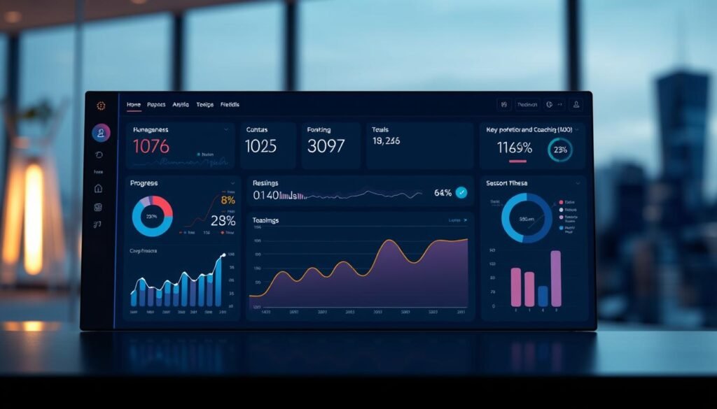 A sleek, modern dashboard displaying progress metrics and analytics for a coaching or consulting business. The foreground features an intuitive user interface with interactive charts, graphs, and key performance indicators. The middle ground showcases a minimalist design with clean typography and carefully curated color palettes. In the background, a blurred city skyline or abstract shapes create a sense of depth and professionalism. Subtle lighting emanates from the display, casting a warm glow and lending an air of productivity and advancement. The overall aesthetic conveys a streamlined, data-driven approach to coaching and business growth. A sleek, modern dashboard displaying progress metrics and analytics for a coaching or consulting business. The foreground features an intuitive user interface with interactive charts, graphs, and key performance indicators. The middle ground showcases a minimalist design with clean typography and carefully curated color palettes. In the background, a blurred city skyline or abstract shapes create a sense of depth and professionalism. Subtle lighting emanates from the display, casting a warm glow and lending an air of productivity and advancement. The overall aesthetic conveys a streamlined, data-driven approach to coaching and business growth.