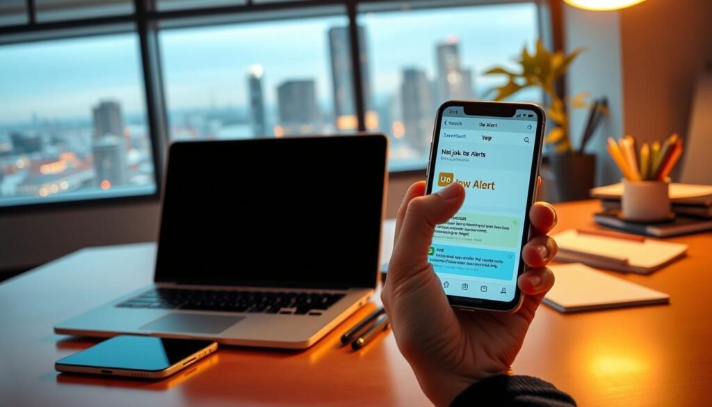 A sleek, modern office desk with a laptop, smartphone, and office supplies neatly arranged. In the foreground, a person's hand is interacting with a digital job alert notification on the smartphone screen, highlighting new job opportunities. The background features a blurred cityscape view through a large window, suggesting a professional, urban setting. The lighting is warm and directional, creating a focused, productive atmosphere. The composition emphasizes the ease and convenience of setting up job alerts to stay informed about relevant employment prospects.