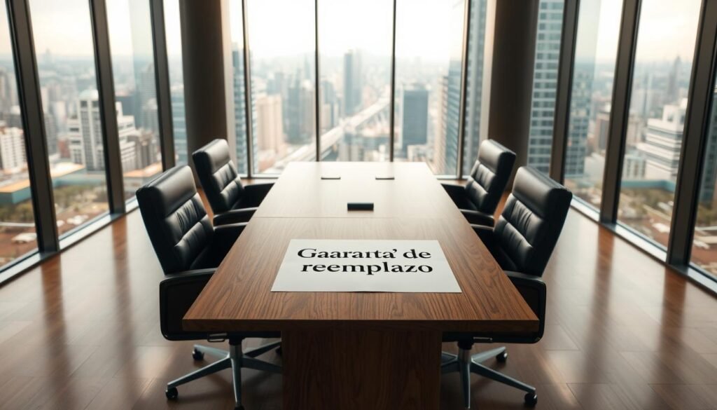 A sleek, modern office interior with floor-to-ceiling windows overlooking a bustling cityscape. A large, wooden conference table sits at the center, surrounded by plush leather chairs. On the table, a crisp, neatly organized document prominently displays the title "Garantía de reemplazo" in a bold, professional font. The lighting is warm and inviting, casting a soft glow on the scene. The atmosphere conveys a sense of trust, stability, and long-term partnership, perfectly reflecting the subject of "Nosotros somos especialistas en búsqueda de ejecutivos en Colombia" and the section title "Garantía de reemplazo y alianzas de largo plazo". A sleek, modern office interior with floor-to-ceiling windows overlooking a bustling cityscape. A large, wooden conference table sits at the center, surrounded by plush leather chairs. On the table, a crisp, neatly organized document prominently displays the title "Garantía de reemplazo" in a bold, professional font. The lighting is warm and inviting, casting a soft glow on the scene. The atmosphere conveys a sense of trust, stability, and long-term partnership, perfectly reflecting the subject of "Nosotros somos especialistas en búsqueda de ejecutivos en Colombia" and the section title "Garantía de reemplazo y alianzas de largo plazo".
