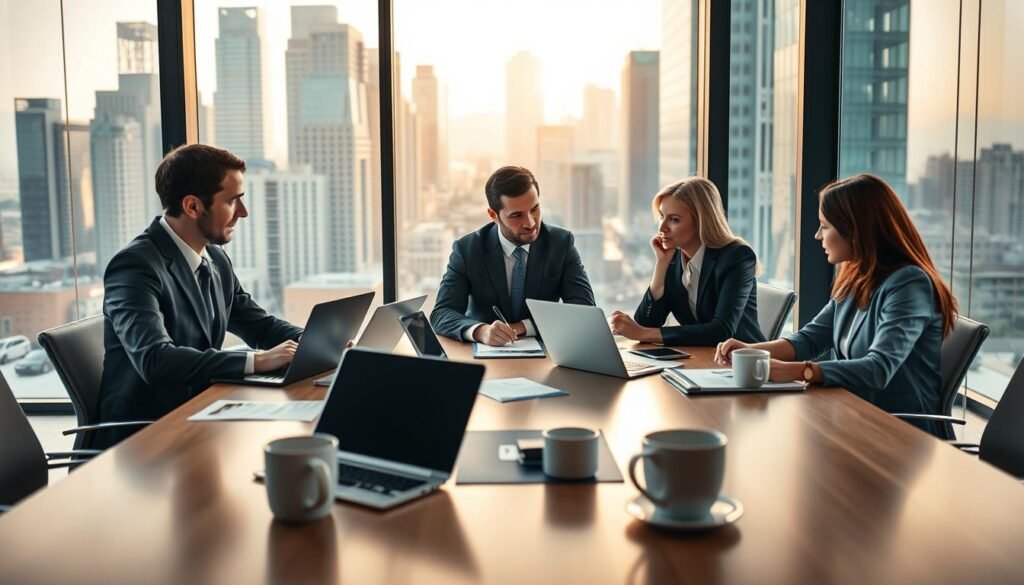 A sleek, modern office setting with a team of business professionals engaged in a collaborative Executive Search process. In the foreground, a well-appointed conference table with laptops, documents, and mugs of coffee, conveying a sense of focused activity. The middle ground features a group of executives intently discussing candidate profiles and methodologies, their expressions reflecting deep concentration. The background showcases floor-to-ceiling windows overlooking a bustling cityscape, bathed in warm, natural lighting that imbues the scene with a professional, yet approachable atmosphere. The overall composition should exude an air of efficiency, expertise, and a commitment to results-oriented headhunting. A sleek, modern office setting with a team of business professionals engaged in a collaborative Executive Search process. In the foreground, a well-appointed conference table with laptops, documents, and mugs of coffee, conveying a sense of focused activity. The middle ground features a group of executives intently discussing candidate profiles and methodologies, their expressions reflecting deep concentration. The background showcases floor-to-ceiling windows overlooking a bustling cityscape, bathed in warm, natural lighting that imbues the scene with a professional, yet approachable atmosphere. The overall composition should exude an air of efficiency, expertise, and a commitment to results-oriented headhunting.