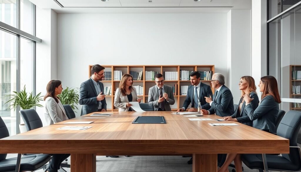 A sleek, modern office setting with clean lines and minimal décor. In the foreground, a group of well-dressed professionals engaged in a lively discussion, their body language and hand gestures conveying a sense of collaboration and problem-solving. The middle ground features a large, wooden conference table, its surface adorned with a crisp, white tablecloth and a few scattered documents. Soft, diffused lighting filters in through floor-to-ceiling windows, casting a warm, professional glow on the scene. In the background, a bookshelf filled with relevant management and HR publications adds an air of expertise and authority. The overall atmosphere is one of efficiency, strategic thinking, and the pursuit of organizational excellence.