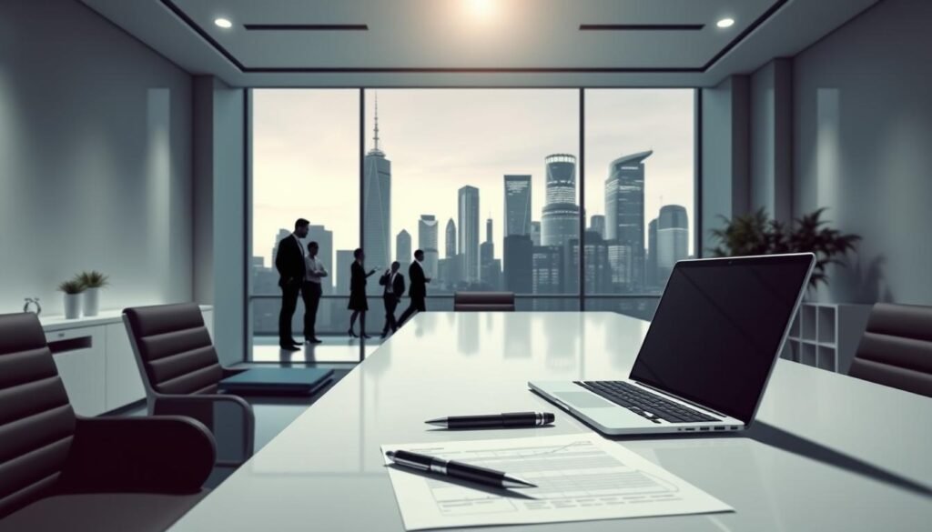 A sleek, modern office space with clean lines and a professional atmosphere. In the foreground, a desk with a laptop, pen, and papers symbolizing the work of a CFO search firm. Crisp lighting illuminates the scene, casting subtle shadows. The middle ground features stylized silhouettes of business people, representing the firm's expertise in executive recruitment. In the background, a cityscape of towering skyscrapers conveys the firm's global reach and influence. The overall mood is one of efficiency, precision, and a commitment to finding the right leaders for organizations. A sleek, modern office space with clean lines and a professional atmosphere. In the foreground, a desk with a laptop, pen, and papers symbolizing the work of a CFO search firm. Crisp lighting illuminates the scene, casting subtle shadows. The middle ground features stylized silhouettes of business people, representing the firm's expertise in executive recruitment. In the background, a cityscape of towering skyscrapers conveys the firm's global reach and influence. The overall mood is one of efficiency, precision, and a commitment to finding the right leaders for organizations.