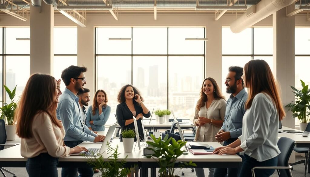 A spacious, well-lit office interior with an open, collaborative layout. In the foreground, a group of diverse colleagues engaged in a lively discussion, their expressions animated and body language relaxed. The middle ground features a communal workspace with ergonomic desks, plants, and modern furnishings that promote a sense of comfort and creativity. The background showcases expansive windows overlooking a vibrant cityscape, bathed in warm, natural light that enhances the positive, productive atmosphere. The overall scene conveys a culture of openness, teamwork, and a healthy work-life balance.
