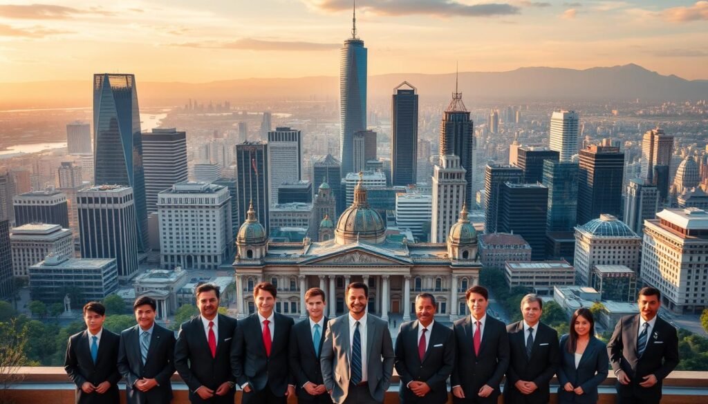 A stunning panoramic photo of Mexico City's skyline, showcasing the city's vibrant business district. In the foreground, a group of well-dressed professionals in elegant suits and ties stand confidently, conveying a sense of authority and expertise. The middle ground features the towering skyscrapers of the city's financial hub, their sleek, modern architecture bathed in warm, golden light. In the background, the iconic Palacio de Bellas Artes and other historic landmarks provide a striking contrast, creating a harmonious blend of old and new. The overall scene exudes an atmosphere of success, professionalism, and the pinnacle of executive recruitment in Mexico. A stunning panoramic photo of Mexico City's skyline, showcasing the city's vibrant business district. In the foreground, a group of well-dressed professionals in elegant suits and ties stand confidently, conveying a sense of authority and expertise. The middle ground features the towering skyscrapers of the city's financial hub, their sleek, modern architecture bathed in warm, golden light. In the background, the iconic Palacio de Bellas Artes and other historic landmarks provide a striking contrast, creating a harmonious blend of old and new. The overall scene exudes an atmosphere of success, professionalism, and the pinnacle of executive recruitment in Mexico.