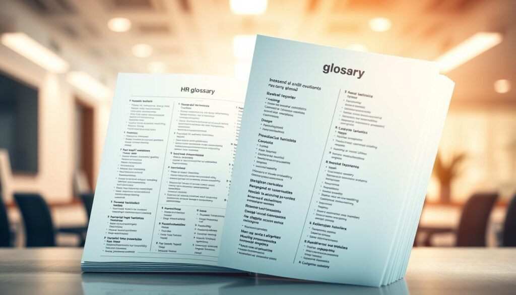 A stylized, photorealistic image of a "glosario RRHH" (Human Resources Glossary) set against a blurred, professional office backdrop. The glossary pages are fanned out, displaying a collection of HR-related terms and abbreviations in a clean, modern typeface. The lighting is soft and warm, creating a sense of professionalism and authority. The composition is balanced, with the glossary pages taking up the central focus, and the office environment providing context and depth. The overall mood is one of informative, organized, and business-oriented.