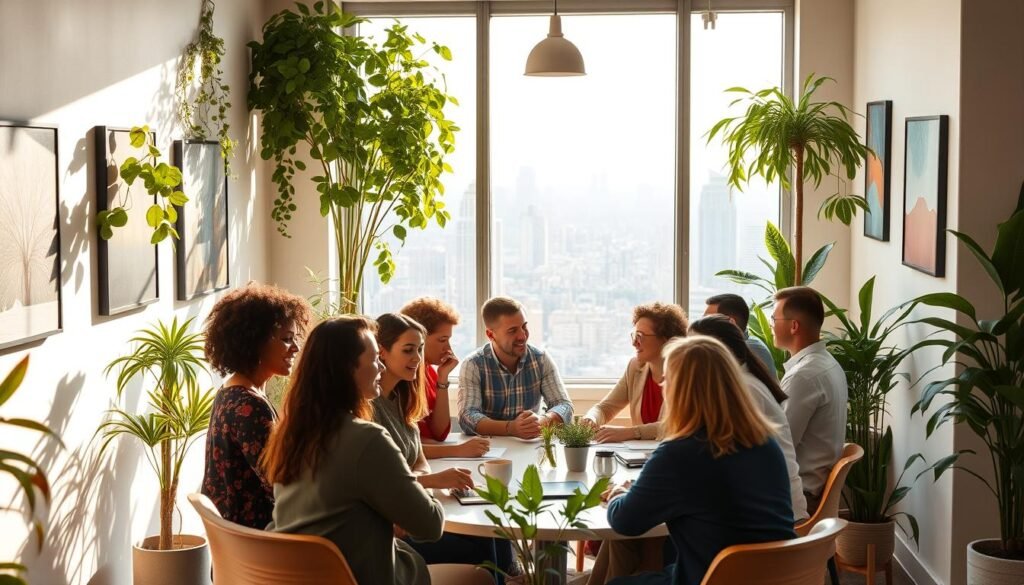 A sun-drenched office space, its walls adorned with lush greenery and vibrant artworks. At the center, a diverse group of professionals engaged in a collaborative meeting, their faces alight with a shared sense of purpose. The lighting is warm and inviting, casting a soft glow that highlights the harmonious interplay of cultures and backgrounds. In the background, a large window offers a panoramic view of a bustling city skyline, symbolizing the global reach and interconnectedness of the organization. The overall atmosphere conveys a strong sense of cultural alignment, sustainable leadership, and a shared vision that drives the team forward. A sun-drenched office space, its walls adorned with lush greenery and vibrant artworks. At the center, a diverse group of professionals engaged in a collaborative meeting, their faces alight with a shared sense of purpose. The lighting is warm and inviting, casting a soft glow that highlights the harmonious interplay of cultures and backgrounds. In the background, a large window offers a panoramic view of a bustling city skyline, symbolizing the global reach and interconnectedness of the organization. The overall atmosphere conveys a strong sense of cultural alignment, sustainable leadership, and a shared vision that drives the team forward.